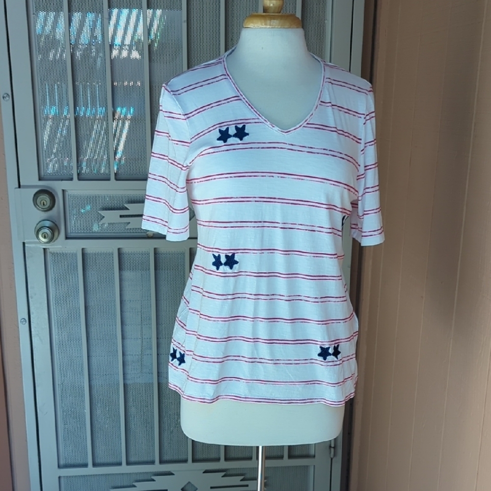 Chico's White Short Sleeve V-Neck Top with Red Stripes and Navy Star Accents